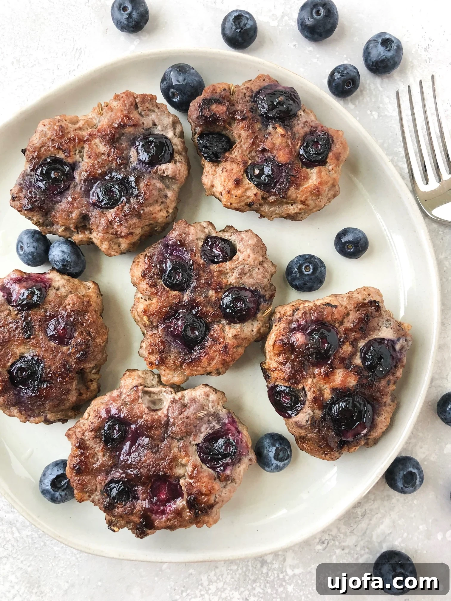 Freshly cooked blueberry breakfast sausage patties on a white plate