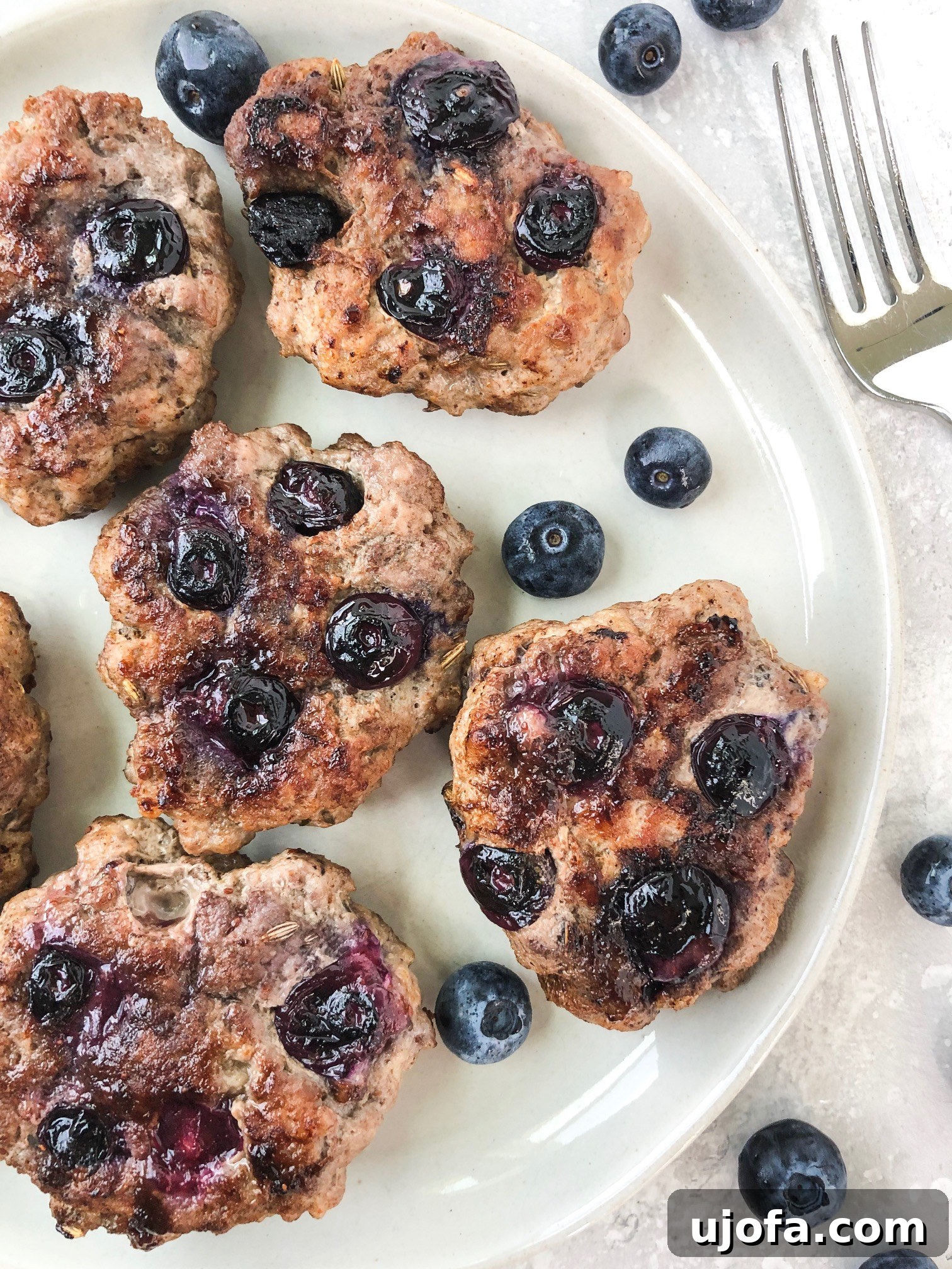A plate of uncooked blueberry breakfast sausage patties, ready to be cooked