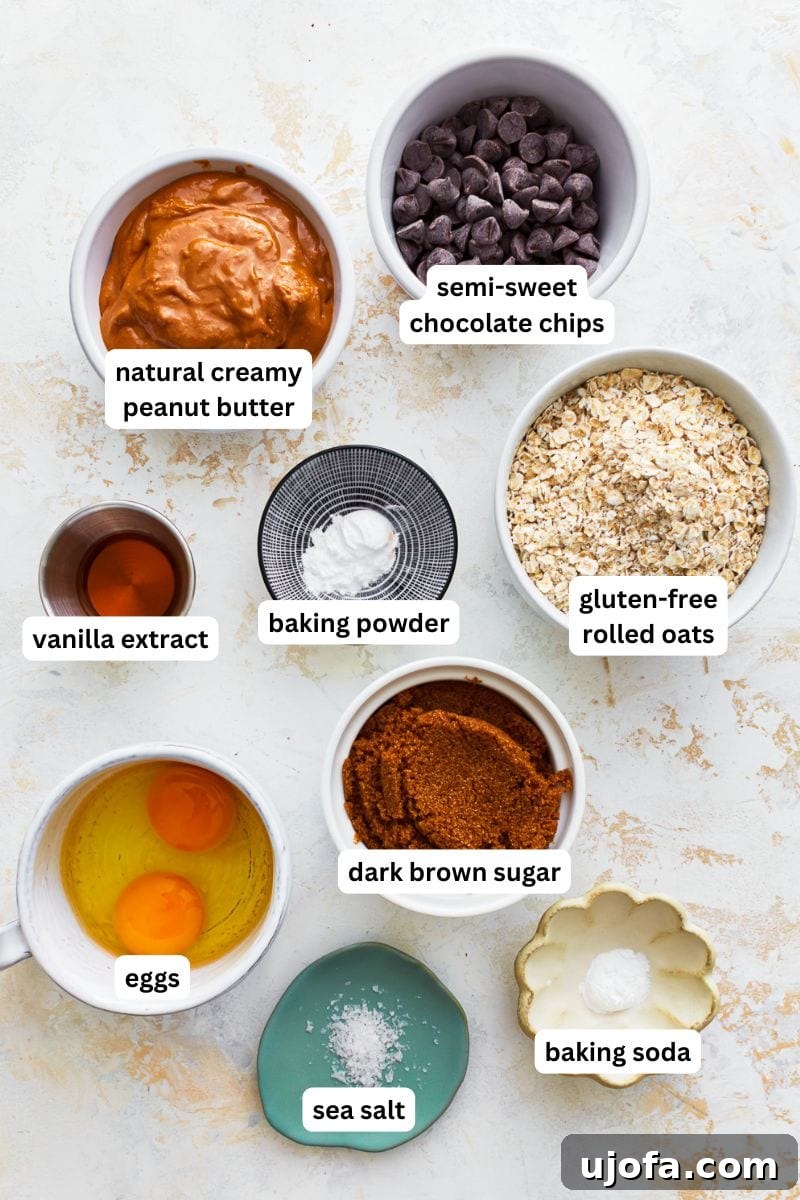 Ingredients for gluten-free peanut butter oatmeal cookies laid out, ready for baking.