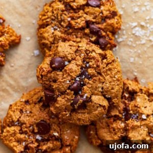 Close up of a stack of gluten-free peanut butter oatmeal cookies sprinkled with sea salt