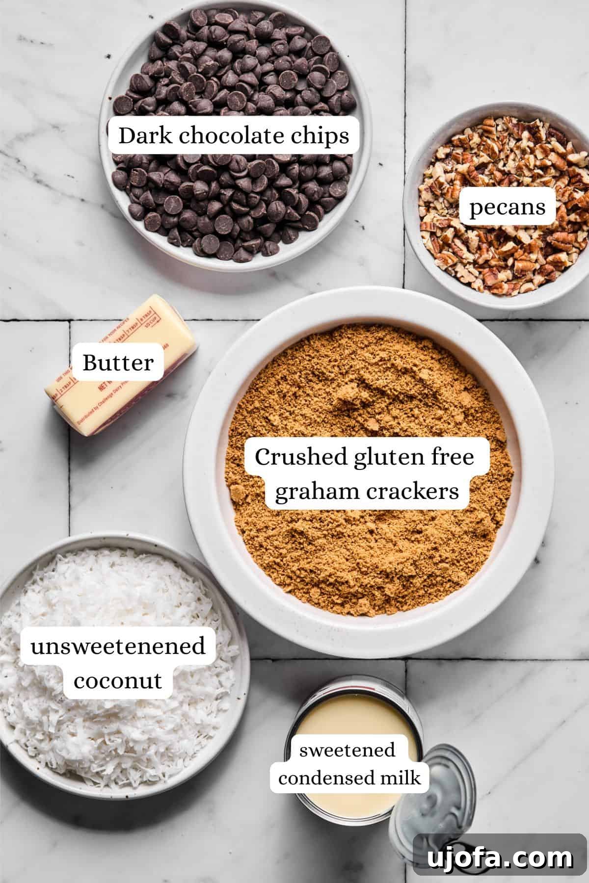 Wondrously Easy Allergen Friendly Bars 3 Labeled ingredient lineup for gluten-free magic bars including Sweet Thins crumbs, coconut condensed milk, chocolate chips, and pecans, neatly arranged for preparation.