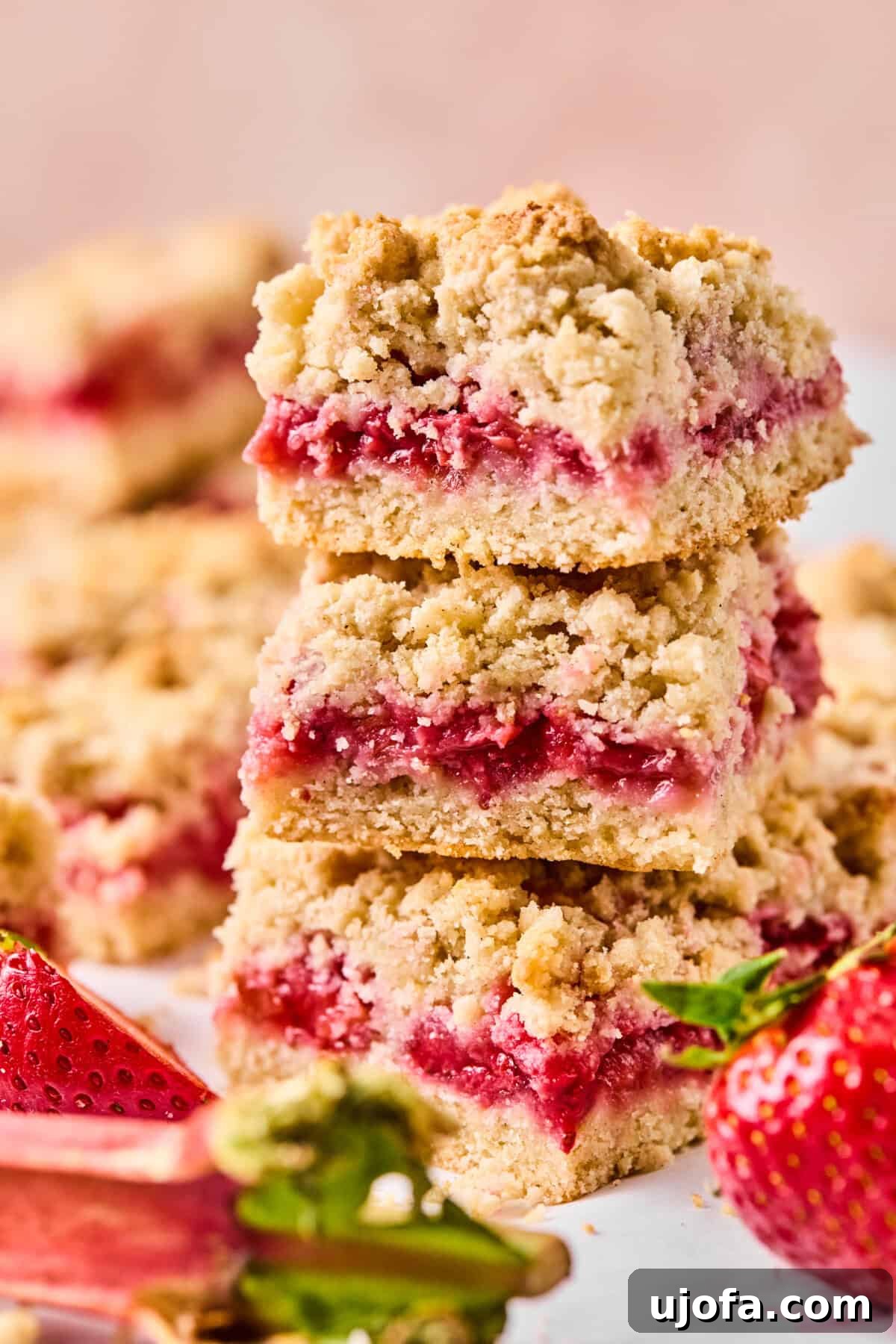 stack of of strawberry rhubarb crumble bars on a counter, showcasing jammy center and crumbly top