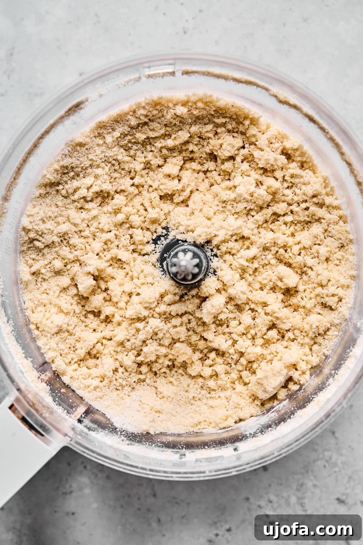Food processor bowl filled with pea-sized crumbs of gluten-free crumble dough