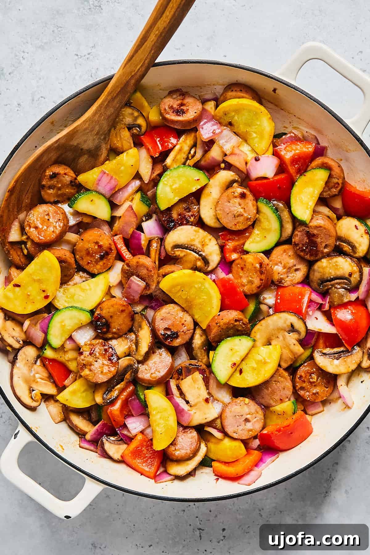 Apple Sausage Chicken Skillet Sensation 11 Sausage stir fry close-up with caramelized edges and glossy sauce