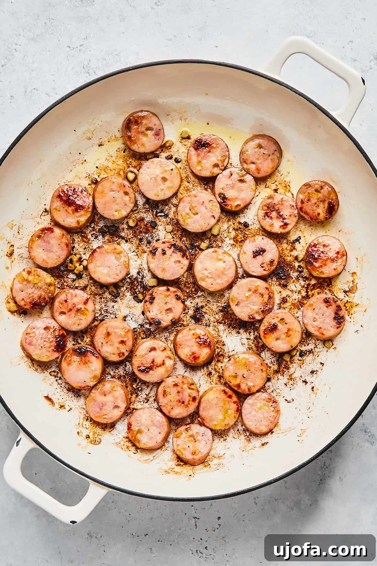Apple Sausage Chicken Skillet Sensation 6 Browning chicken apple sausage slices in skillet