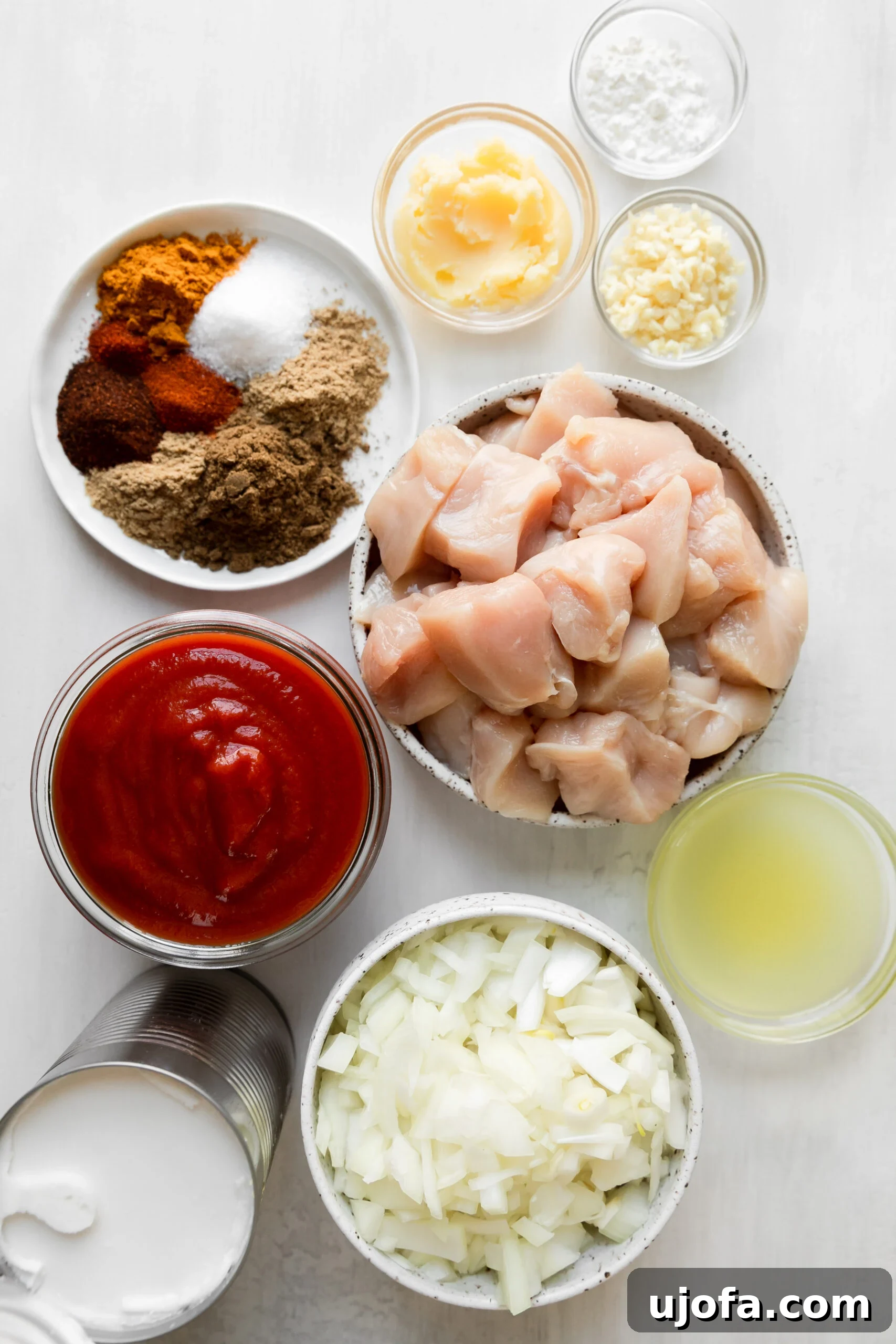 Wholesome Chicken Tikka Masala 3 glass bowls filled with recipe ingredients