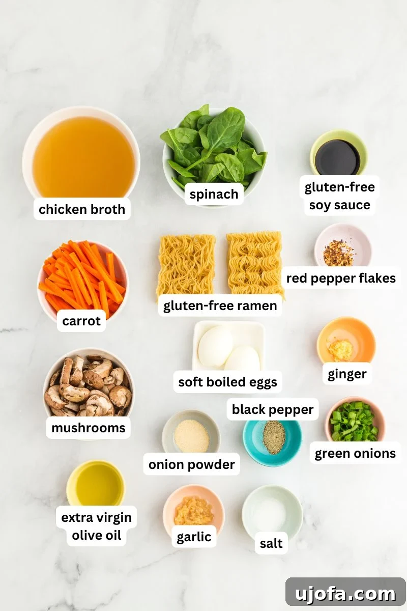 Various ingredients for making gluten-free ramen, including noodles, vegetables, and seasonings.