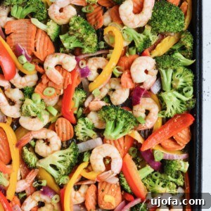 Final plated Whole30 Sheet Pan Shrimp Stir Fry with rice and green onions.