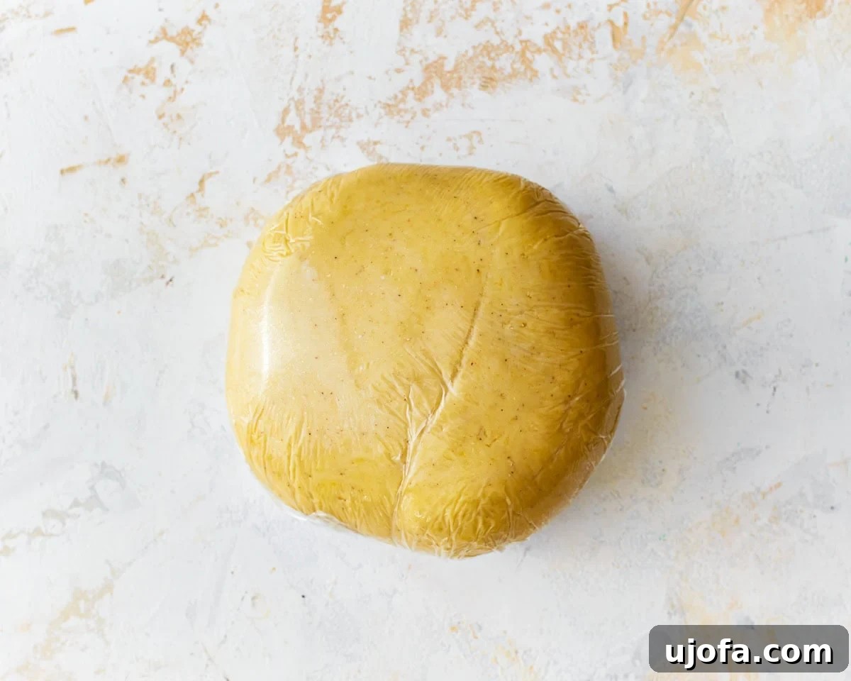 A ball of gluten-free egg noodle dough tightly wrapped in plastic wrap, resting at room temperature.