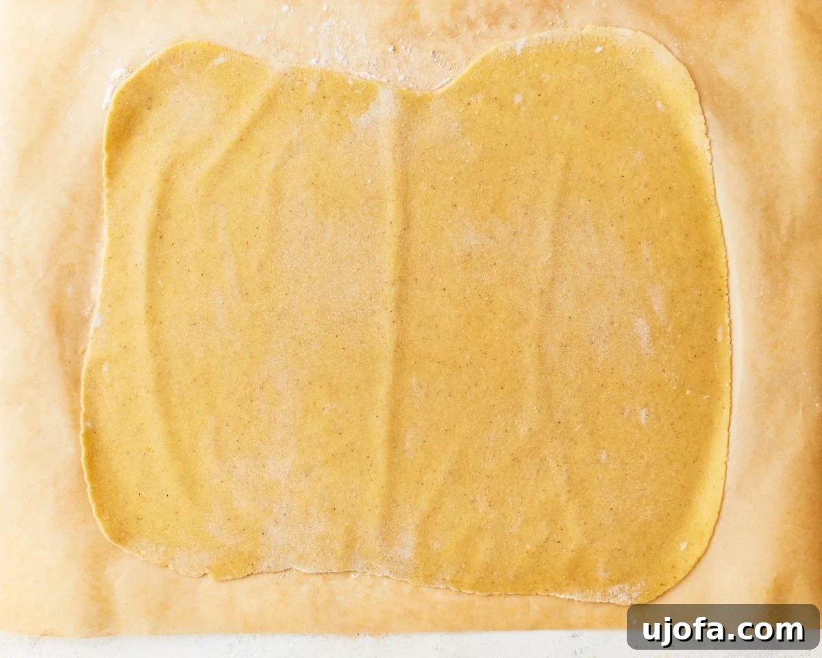 Gluten-free egg noodle dough rolled out thinly into a rectangular sheet on parchment paper, lightly dusted with flour.
