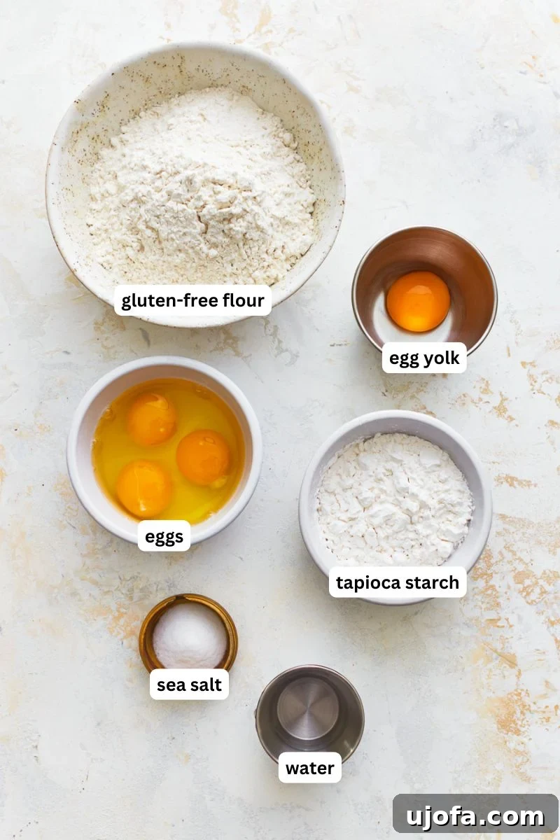 Close-up shot of the simple ingredients needed for homemade gluten-free egg noodles: gluten-free flour, tapioca starch, eggs, and salt.