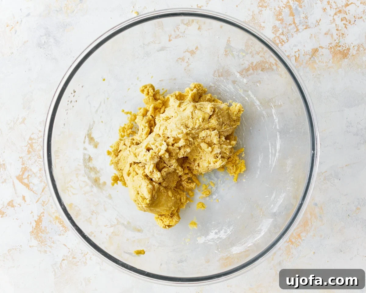 Shaggy and crumbly dough for gluten-free egg noodles forming in a glass mixing bowl after initial mixing of wet and dry ingredients.