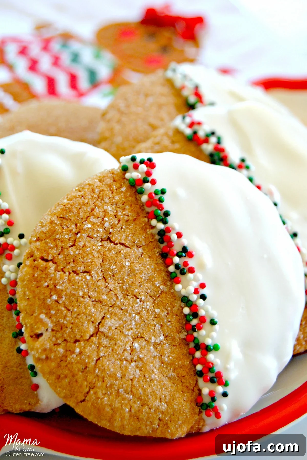White Chocolate Gingerbread Cookies: Gluten-Free & Dairy-Free Friendly 2 A plate of Gluten-Free White Chocolate-Dipped Gingerbread Cookies, beautifully decorated with sprinkles, signifying a perfect holiday treat.