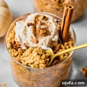 a close-up of pumpkin overnight oats with a gold spoon