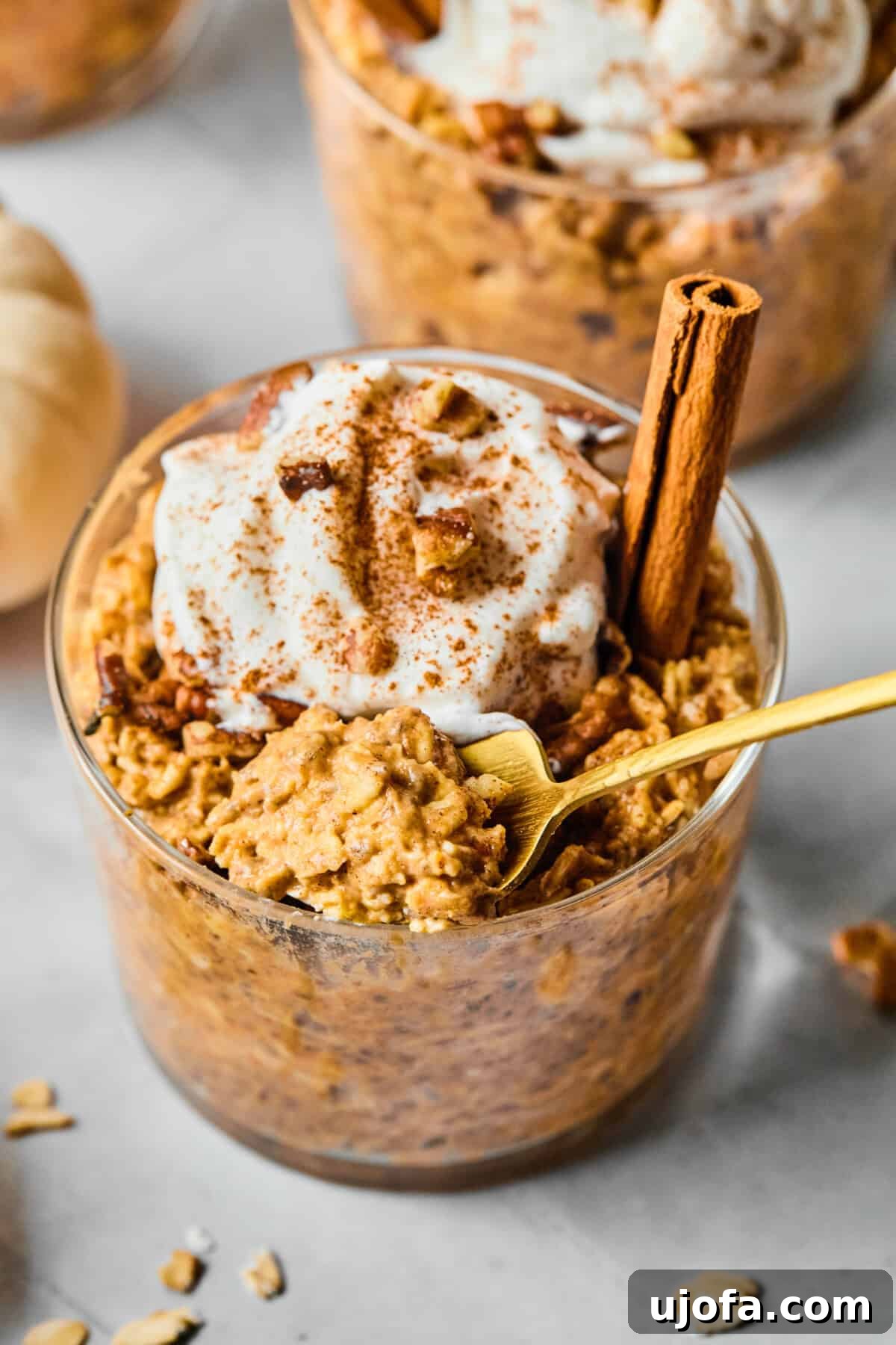 a close-up of pumpkin overnight oats with a gold spoon