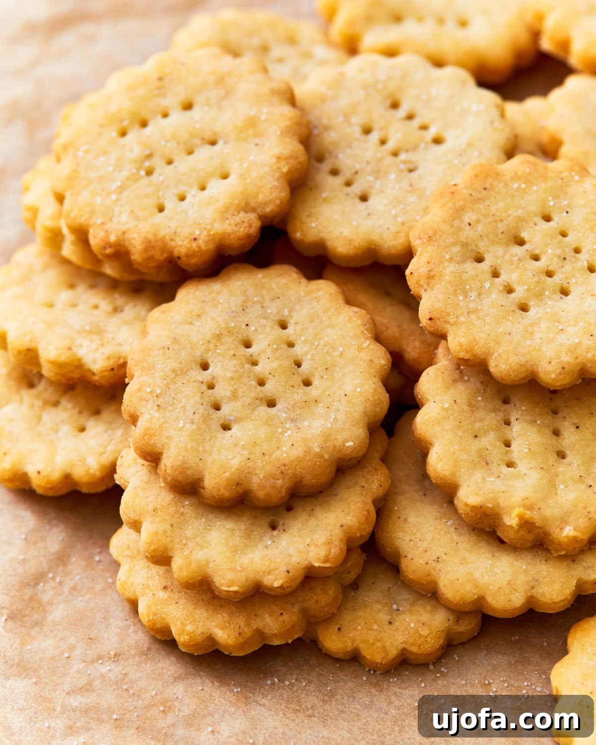 Buttery Golden Gluten-Free Crackers 2 Homemade gluten-free ritz crackers on baking paper, beautifully golden and ready to enjoy.