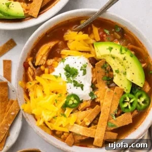 chicken tortilla soup in a bowl with sour cream, avocado and cilantro