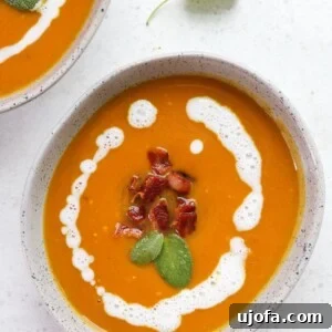 Butternut Squash Soup with Bacon and Sage in a bowl