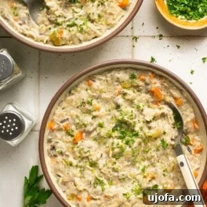Dairy Free Creamy chicken and wild rice soup in 2 bowls with a red napkin and parsley on the side