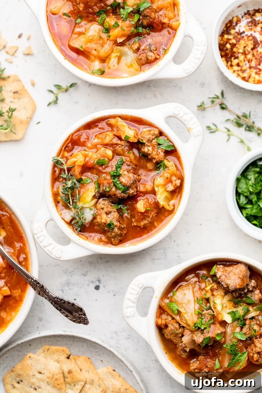 Three white bowls of cabbage soup on a light colored countertop with parsley and crackers on the side.