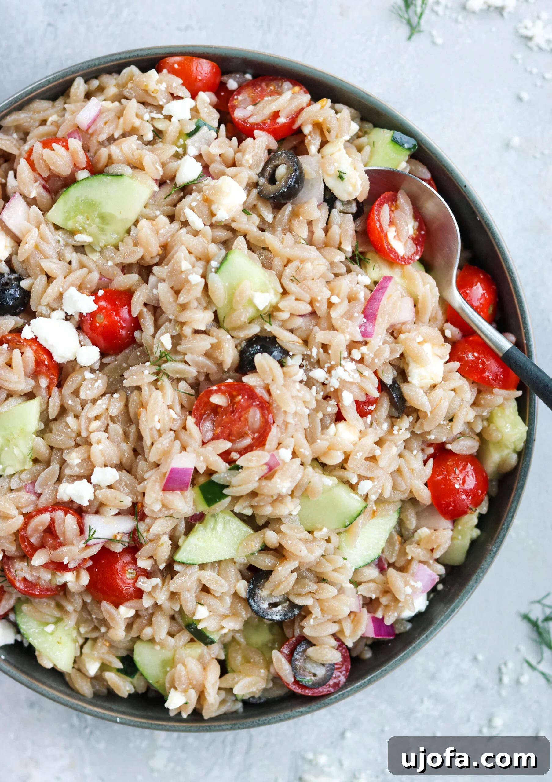 Bright and colorful Grain Free Greek Orzo Salad with cherry tomatoes, cucumbers, olives, and feta-style crumbles.