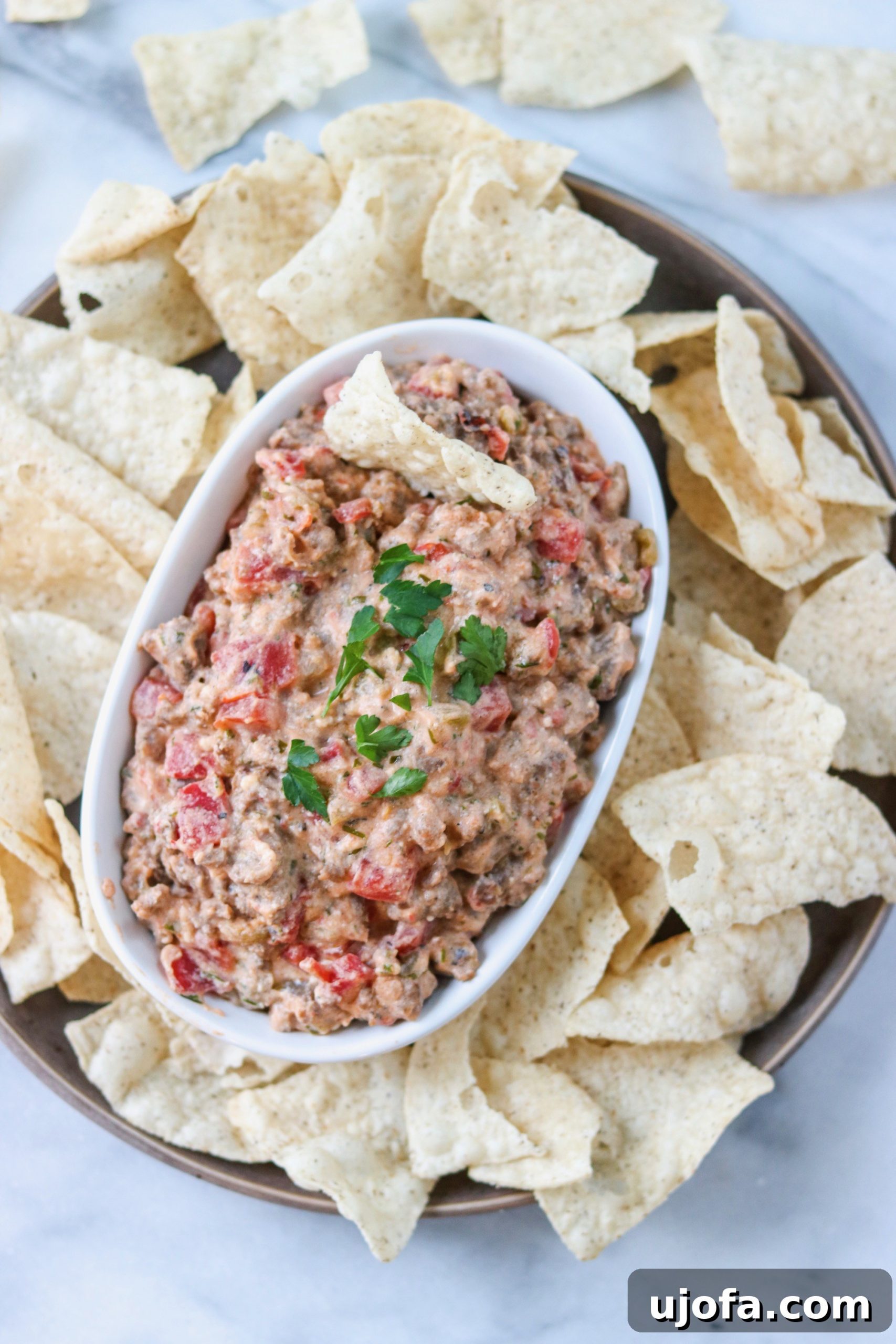 A savory Dairy Free 3-Ingredient Sausage Dip served warm in a white bowl with dippers.