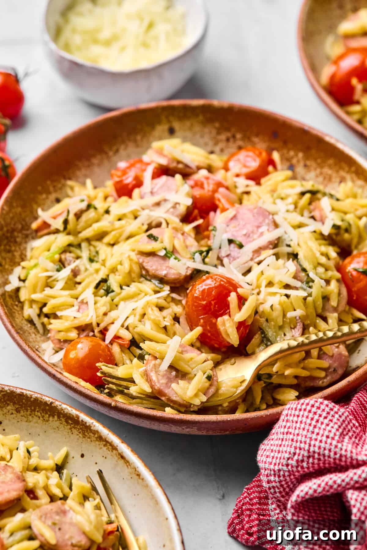 Kremamsı Boursin Orzo Tavuk Sosisli Tek Tencere Keyfi 10 Close-up of baked orzo on a white plate, showcasing its creamy texture and ingredients, ready to eat.