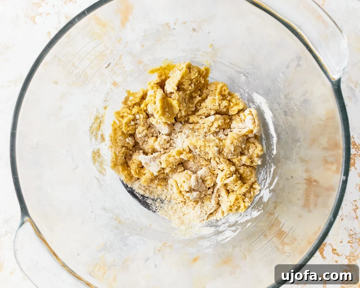 A shaggy gluten-free ravioli dough in a glass bowl.