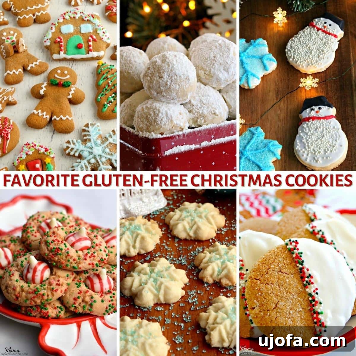 Festive Gluten-Free Holiday Cookie Delights 2 A vibrant photo collage showcasing an assortment of gluten-free Christmas cookie recipes, including gingerbread men, frosted sugar cookies, snowball cookies, and more, beautifully arranged for the holiday season.