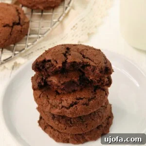 A stack of delicious gluten-free double chocolate cookies on a white plate, with more cookies cooling on a rack in the background.