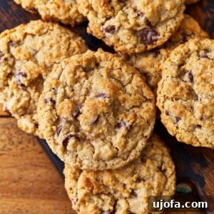 Overhead view of a spread of delectable gluten-free oatmeal cookies artfully arranged on a rustic cutting board.