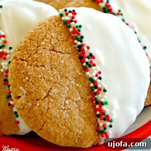 Gluten-free gingerbread cookies, half-dipped in luscious white chocolate and adorned with festive sprinkles, elegantly arranged on a vibrant red plate.