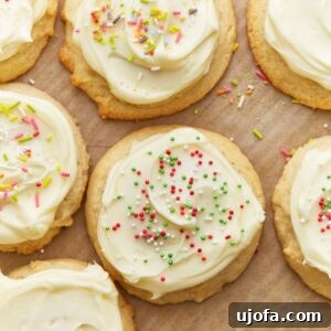 Close-up, overhead shot of perfectly baked gluten-free sugar cookies adorned with sweet frosting and colorful sprinkles, ready for serving.