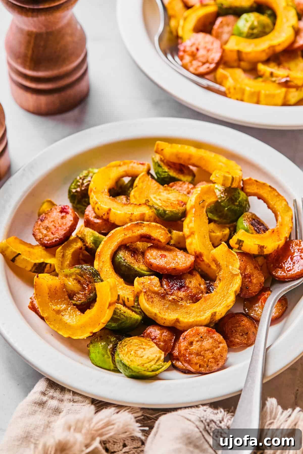 Sheet Pan Roasted Delicata Squash and Chicken Sausage 9 A large, inviting plate piled high with the harvest sheet pan dinner, featuring delicious sausage, delicata squash, and crisp Brussels sprouts.