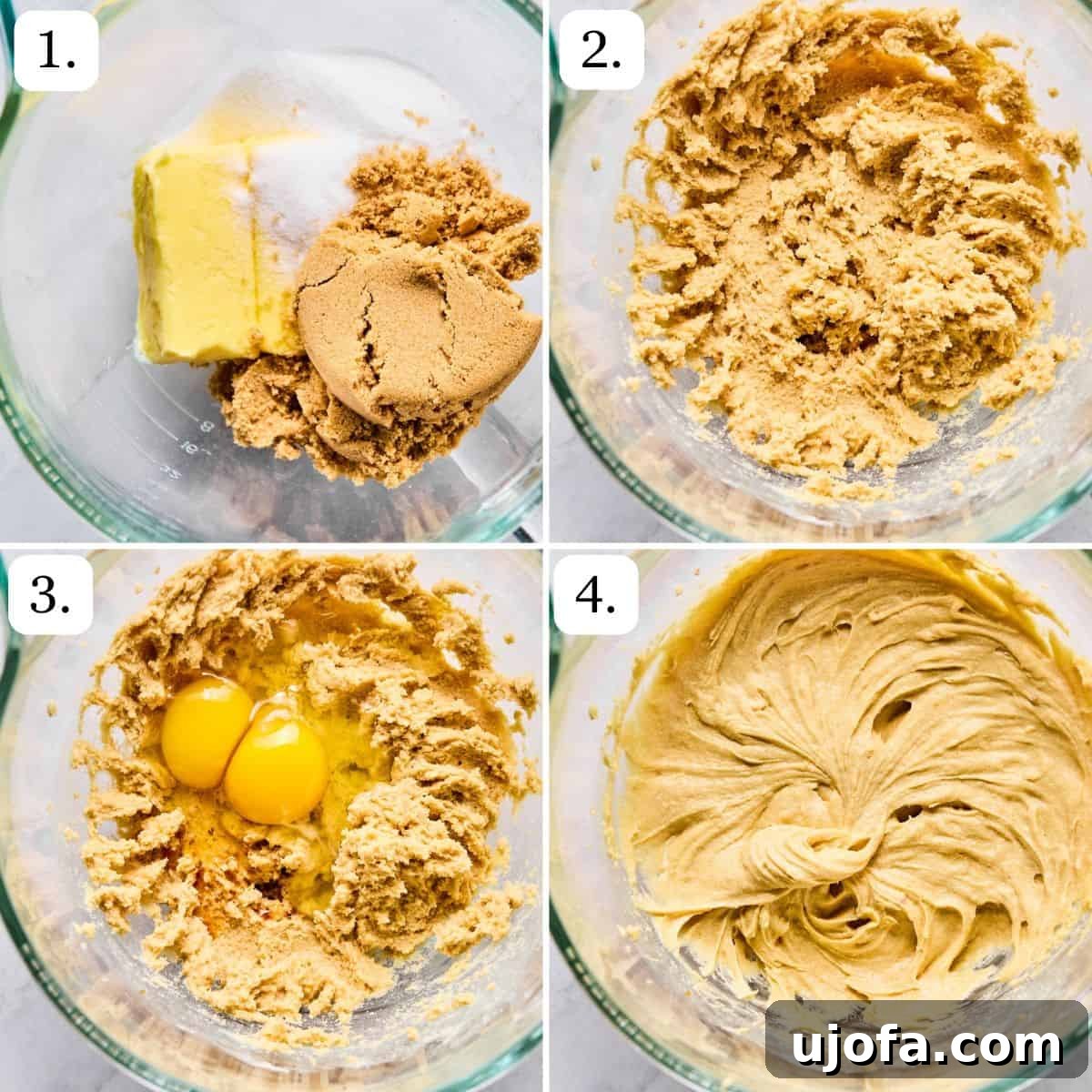 Effortless Gluten-Free Hot Chocolate Cookies 4 A collage of four step-by-step photos demonstrating the initial stages of making hot cocoa cookies, including lining a baking sheet, creaming butter and sugars, and adding eggs and extracts.