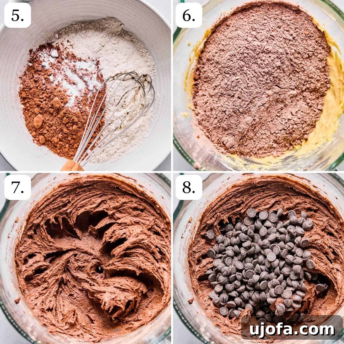 Effortless Gluten-Free Hot Chocolate Cookies 5 A multi-panel image displaying steps for making hot cocoa cookies: whisking dry ingredients, combining wet and dry, mixing dough, and stirring in chocolate chips.