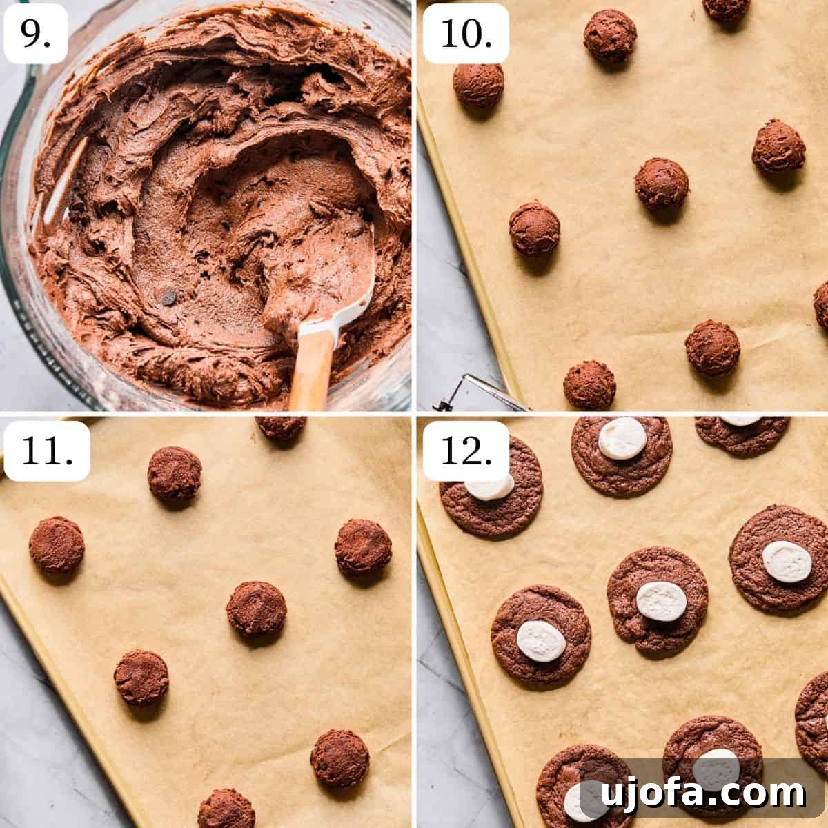 Effortless Gluten-Free Hot Chocolate Cookies 6 Another collage showing steps for hot cocoa cookies: chilling the dough, scooping dough balls, and lightly pressing them before baking.
