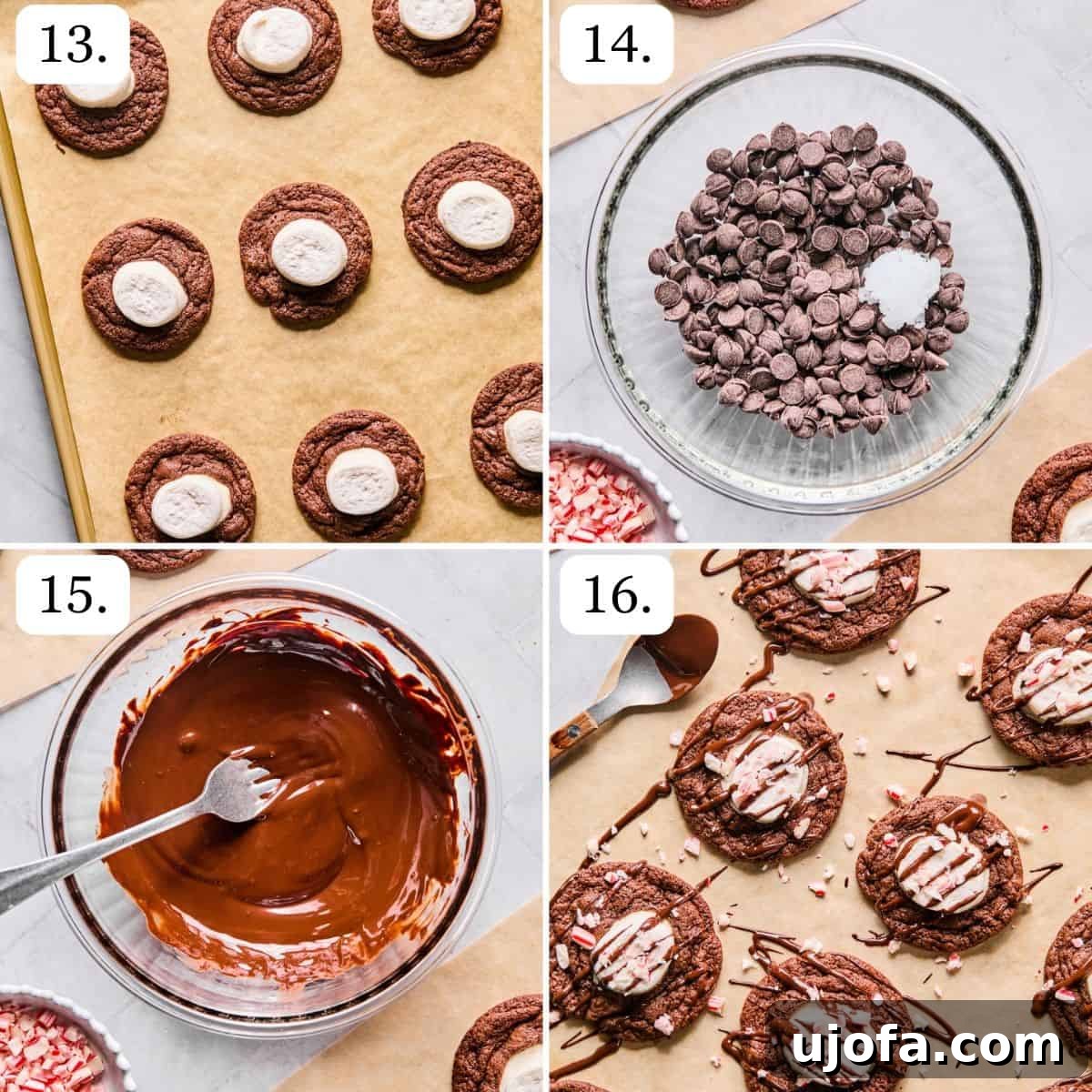 Effortless Gluten-Free Hot Chocolate Cookies 7 The final steps of making hot cocoa cookies, showing marshmallows melting in the oven, and the cookies cooling with melted chocolate and crushed candy canes for garnish.