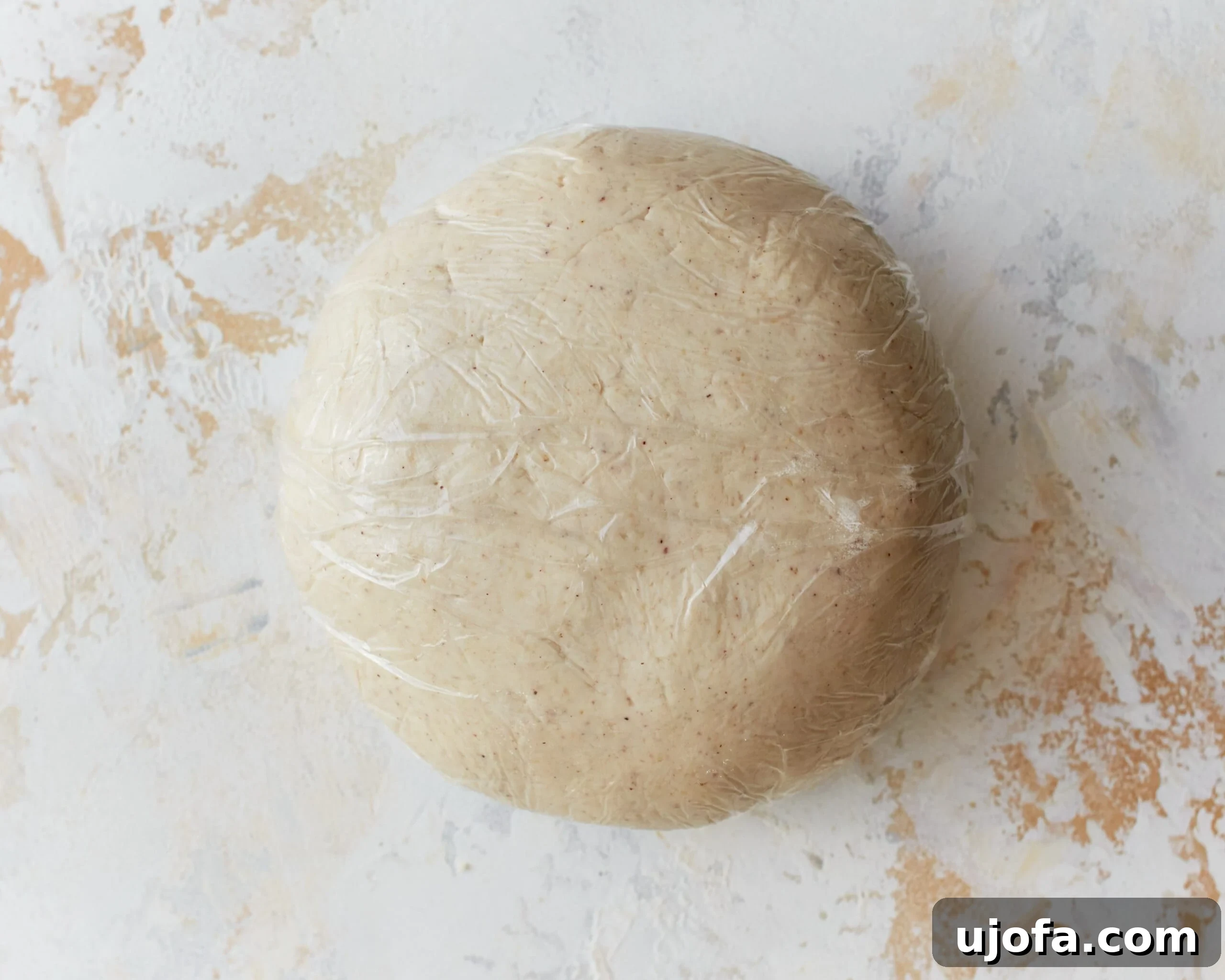 A ball of gluten-free phyllo dough meticulously wrapped in plastic wrap, ready for resting.