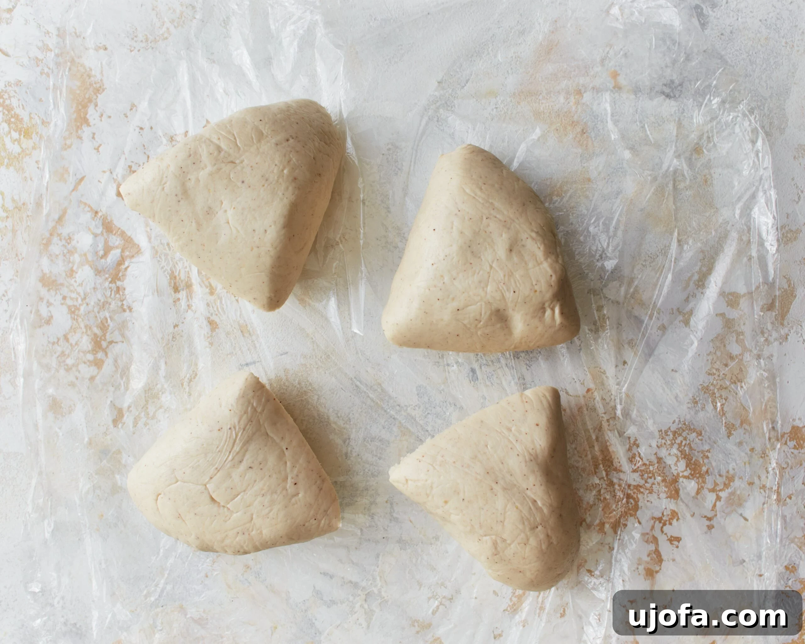Gluten-free phyllo dough divided into 4 equal portions, ready for rolling.