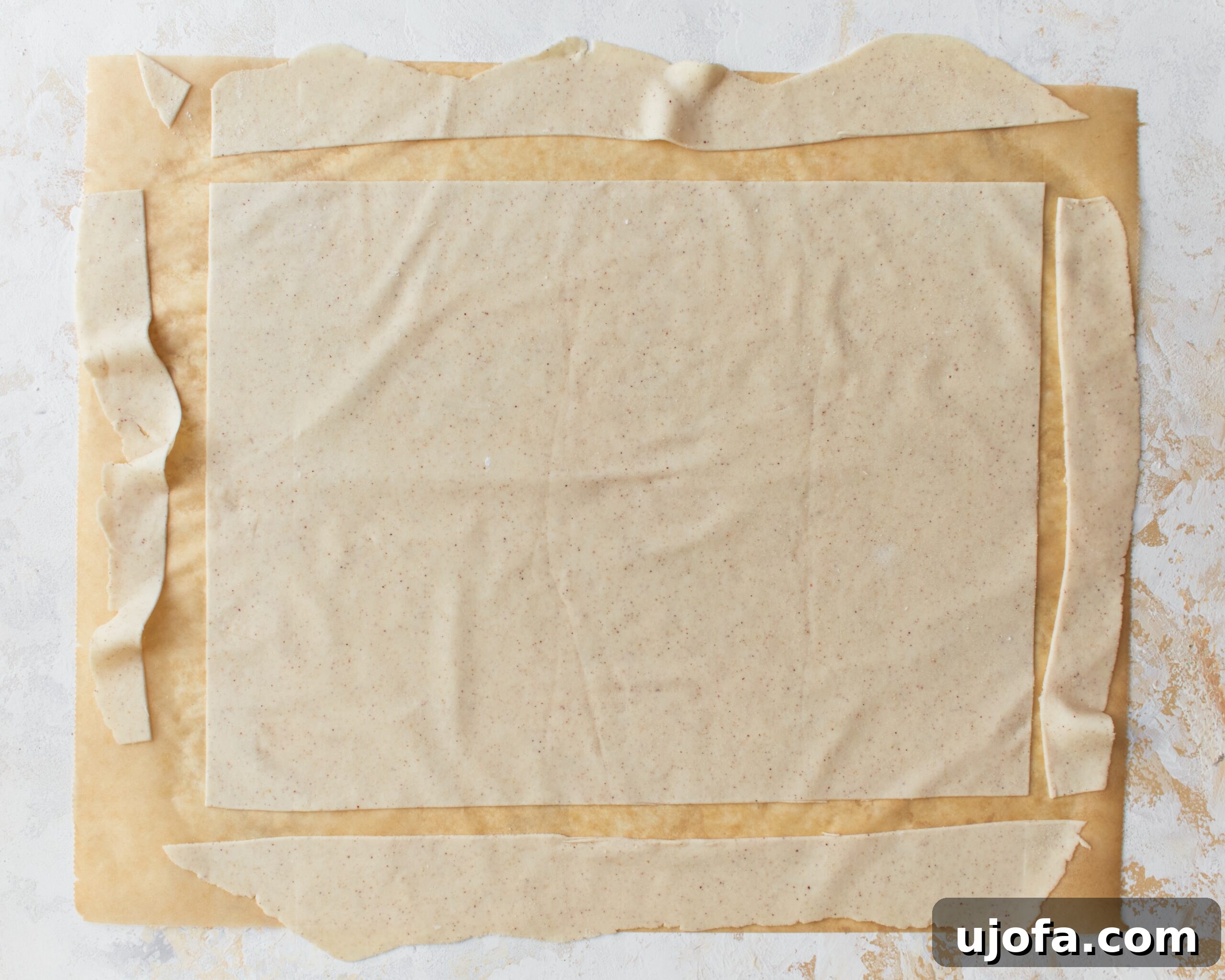 A perfectly rolled out gluten-free phyllo dough sheet, precisely cut into a rectangle, showcasing its delicate texture.