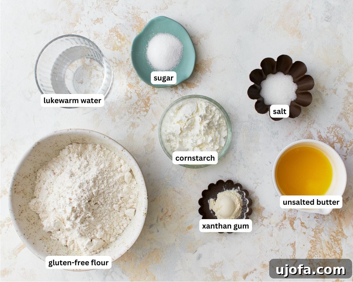 A collection of ingredients artfully arranged for gluten-free phyllo dough preparation.