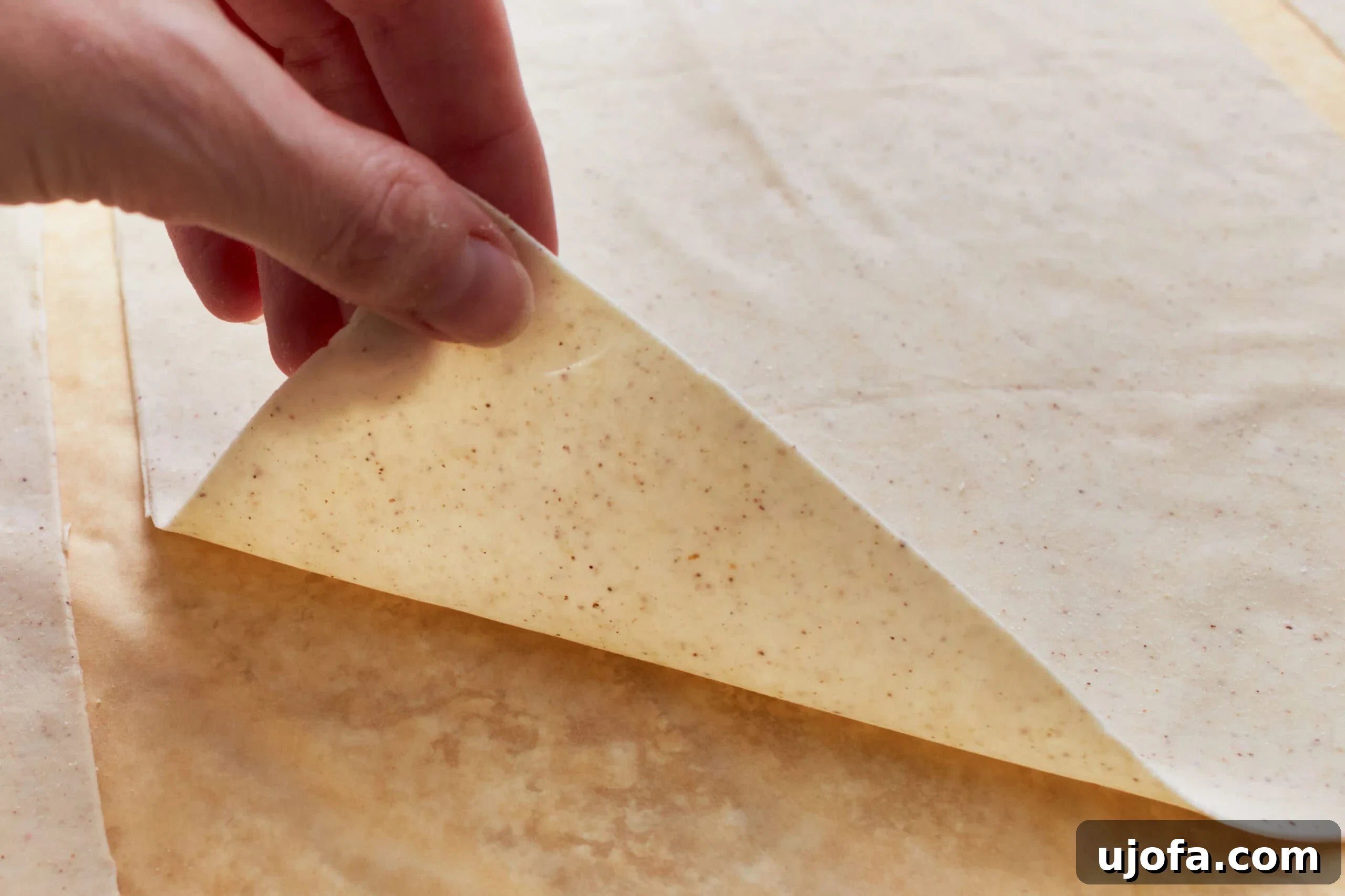 A hand gently lifting the corner of a meticulously prepared sheet of gluten-free phyllo dough, showcasing its delicate thinness.