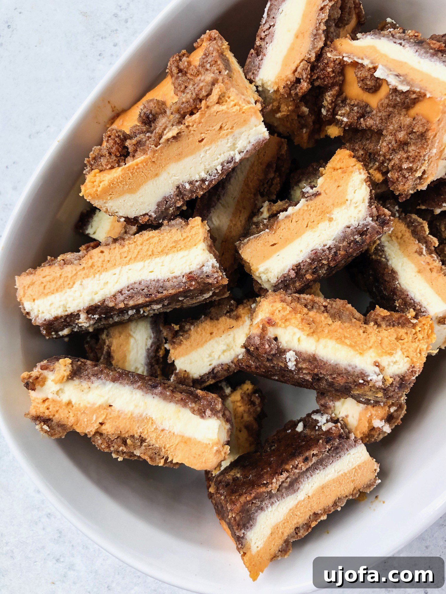 Delightful Dairy-Free Grain-Free Pumpkin Cheesecake Bars 5 Close-up of a single Pumpkin Cheesecake Bar