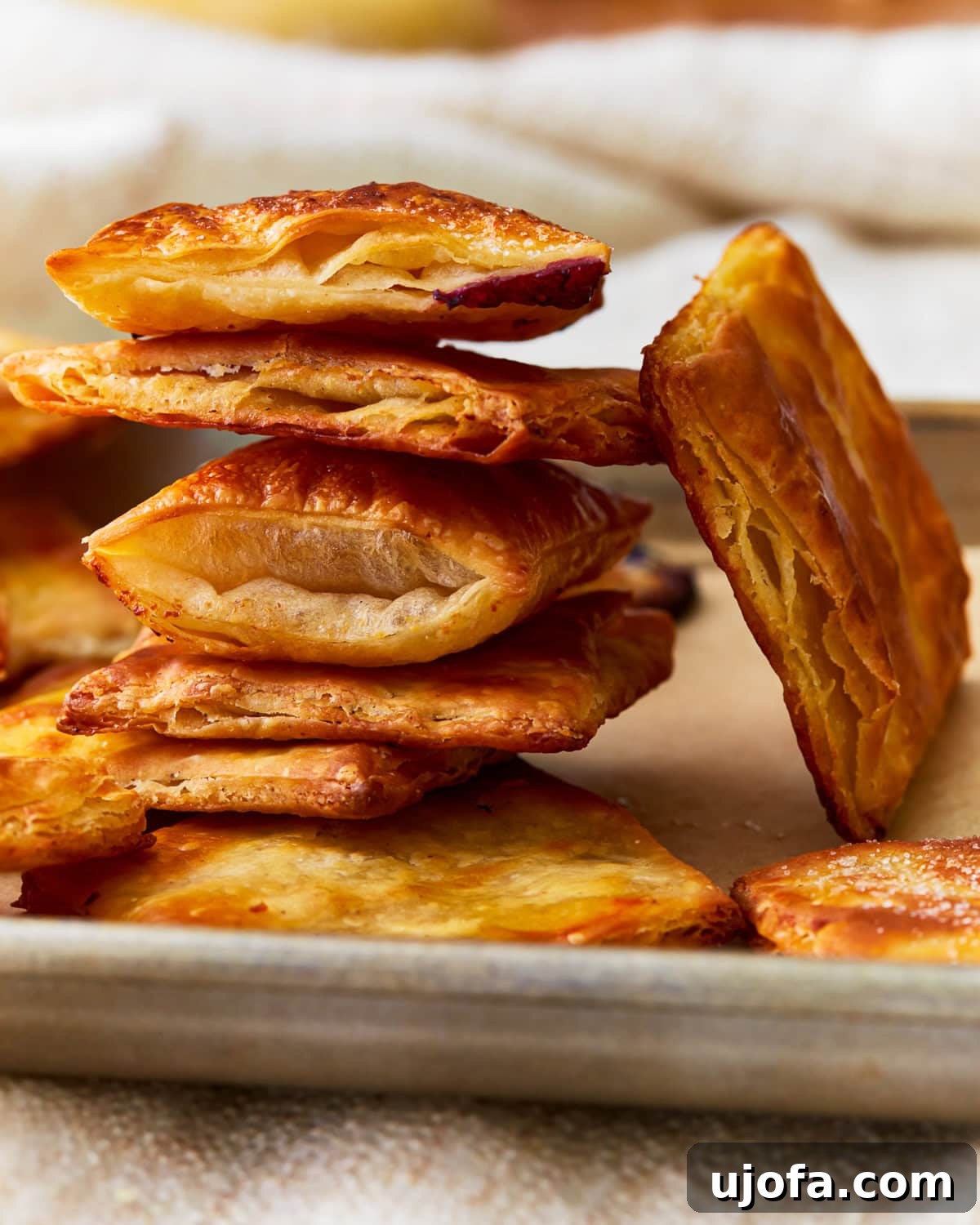 Stacked squares of golden-brown gluten-free puff pastry, showcasing its flaky texture.