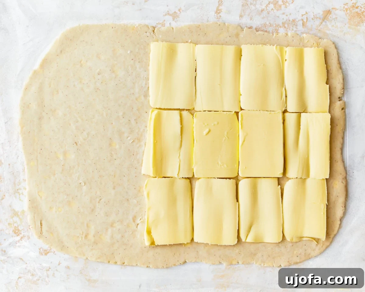 Thin slices of cold unsalted butter arranged over two-thirds of the rolled-out gluten-free puff pastry dough.