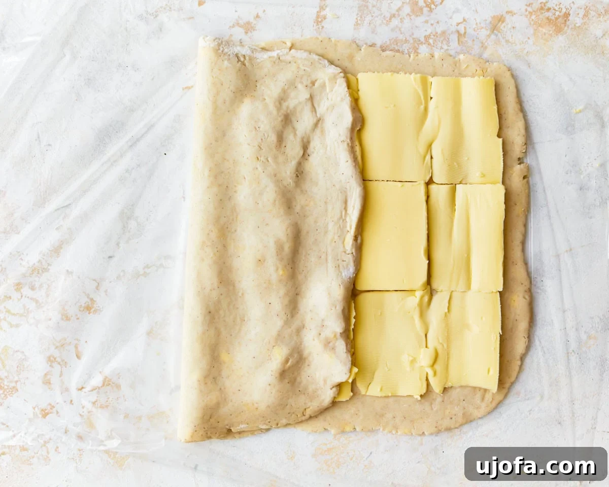 The unbuttered third of the gluten-free puff pastry dough being folded over the buttered middle section.