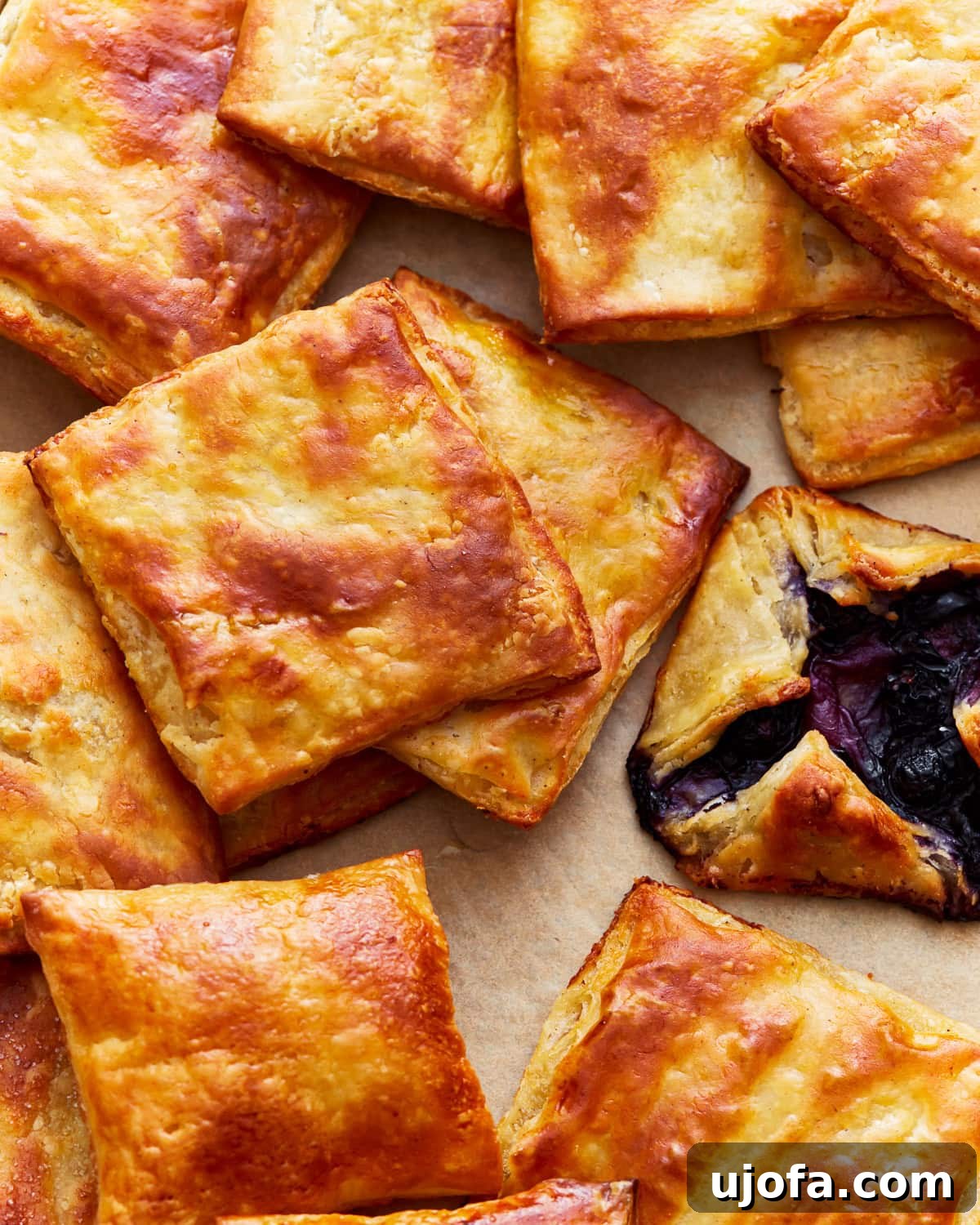 An overhead view of golden-brown gluten-free puff pastry squares artfully arranged with a cream-filled Danish pastry, showcasing their exquisite texture and inviting appearance.