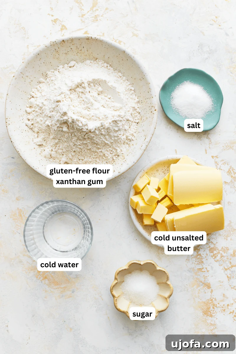 All the necessary ingredients for gluten-free puff pastry laid out on a kitchen counter, including flour, butter, sugar, salt, xanthan gum, and cold water.