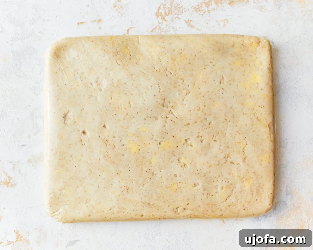Gluten-free puff pastry dough flattened into a rectangular shape, ready for chilling.